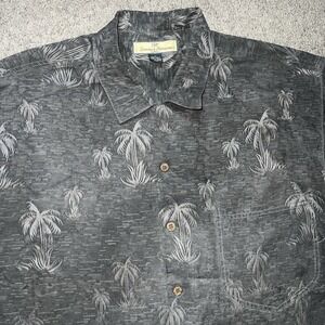 Tommy Bahama Men's L Gray Hawaiian Palm Floral Island Hut Silk Camp Shirt